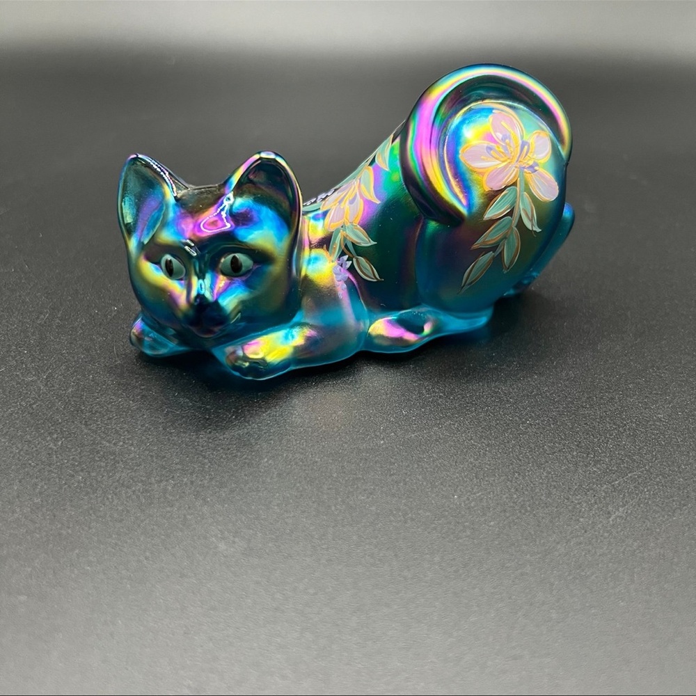Fenton Blue Carnival Glass Hand-painted Crouching Cat Figurine